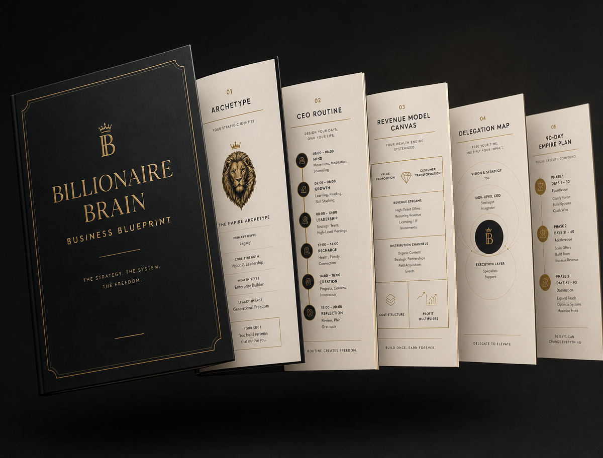 Billionaire Brain Business Blueprint dossier preview showing archetype, CEO routine, revenue canvas, delegation map, and 90-day empire plan